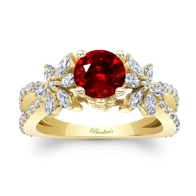 Yellow Gold Ruby And Diamond Flower Ring