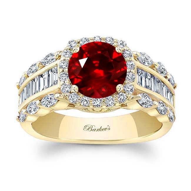 Yellow Gold Ruby And Diamond Baguette Ring