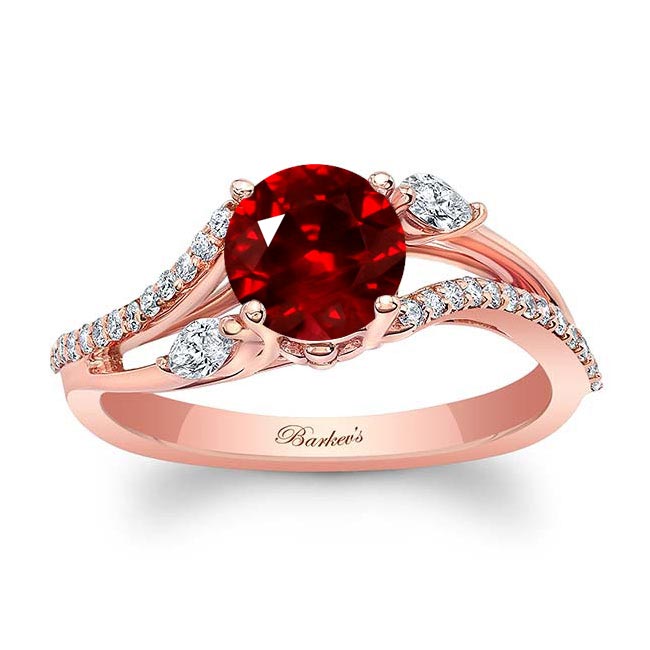 Rose Gold Curved Split Shank Ruby And Diamond Ring