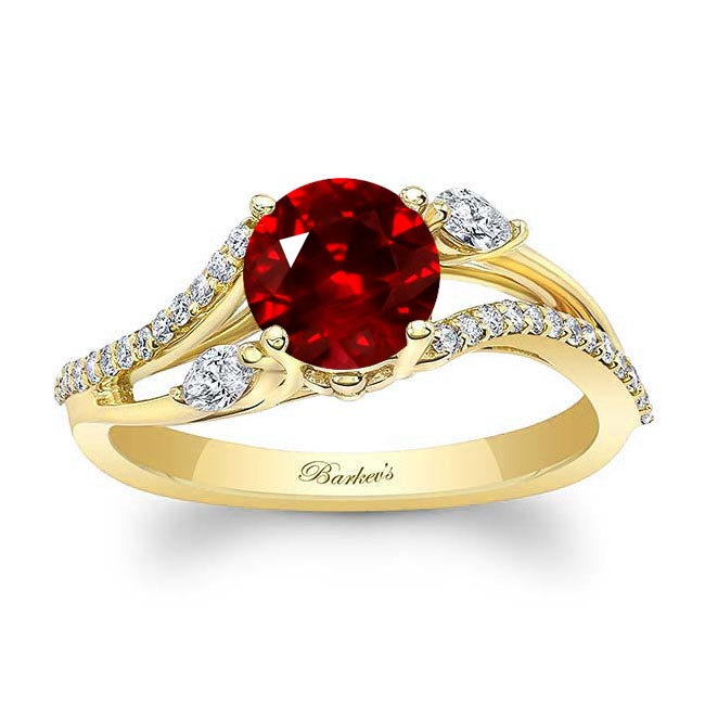 Yellow Gold Curved Split Shank Lab Ruby And Diamond Ring