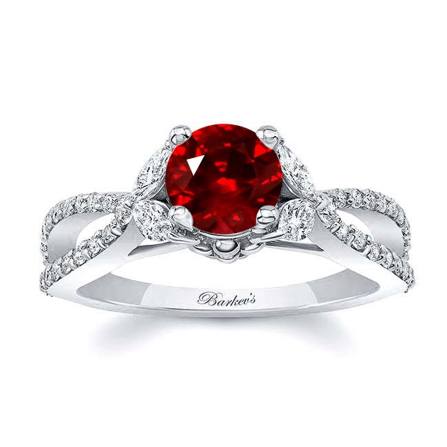 White Gold Lab Grown Ruby And Diamond Leaf Ring