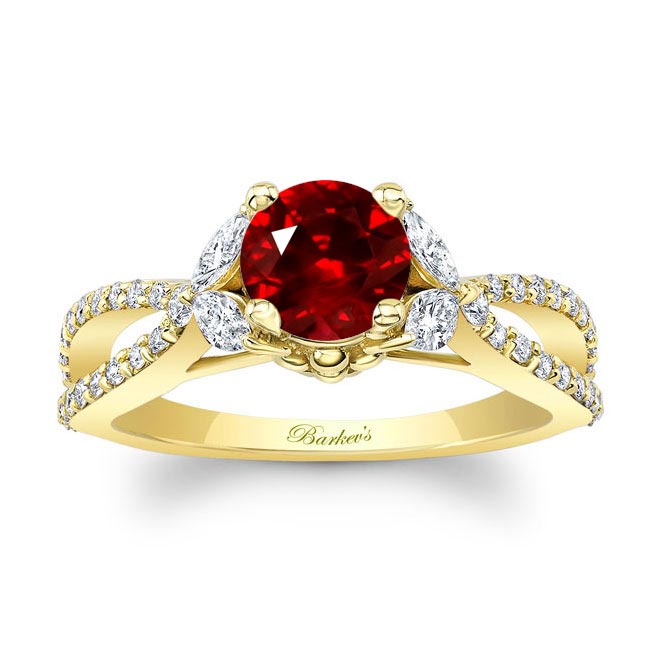 Yellow Gold Lab Grown Ruby And Diamond Leaf Ring