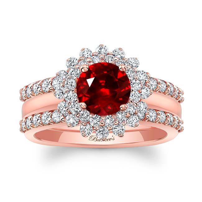 Rose Gold Starburst Lab Ruby And Diamond Bridal Set With Two Bands