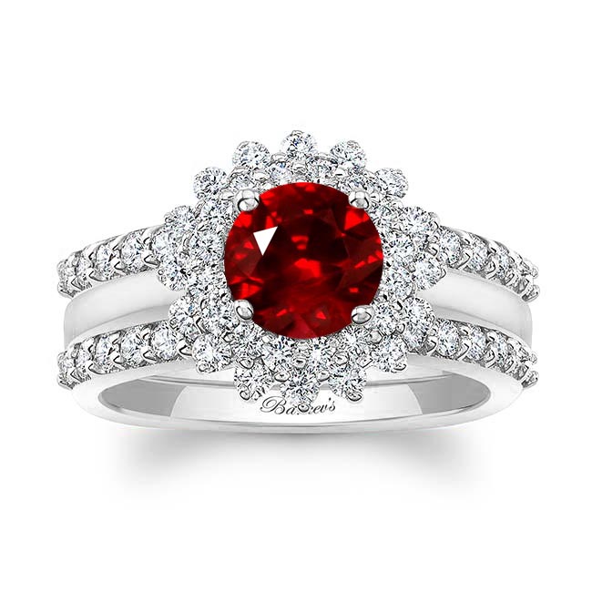 Platinum Starburst Ruby And Diamond Bridal Set With Two Bands