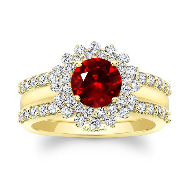 Yellow Gold Starburst Lab Ruby And Diamond Bridal Set With Two Bands