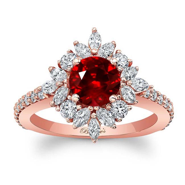 Rose Gold Marquise Halo Lab Ruby And Diamond Engagement Ring