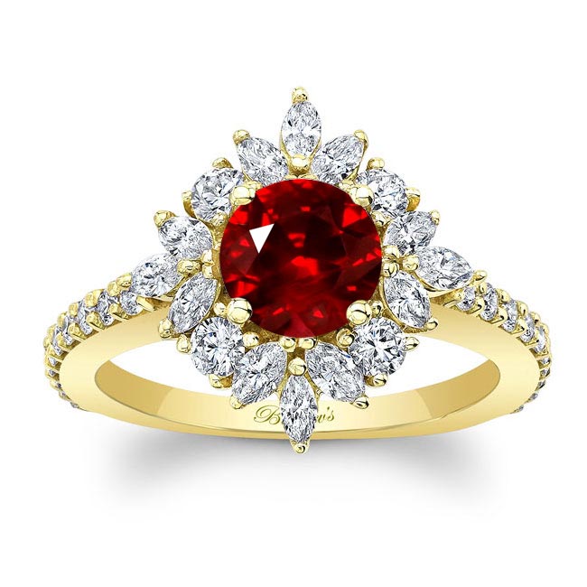 Yellow Gold Marquise Halo Lab Ruby And Diamond Engagement Ring