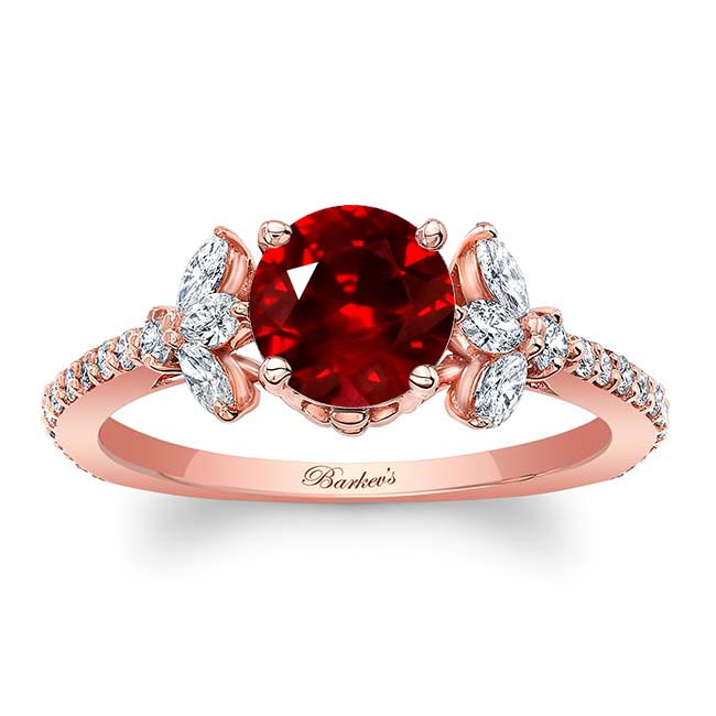 Rose Gold Lab Ruby And Diamond Leaf Engagement Ring