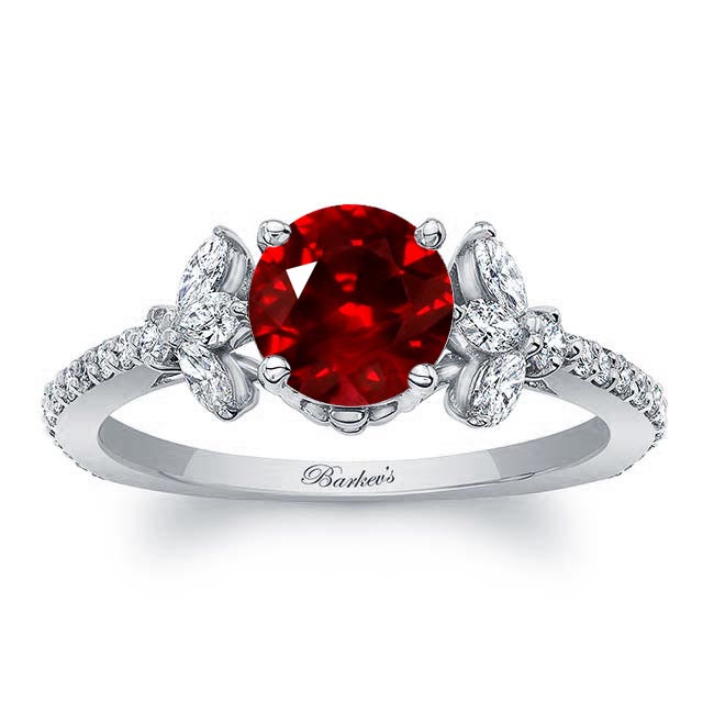 White Gold Lab Ruby And Diamond Leaf Engagement Ring