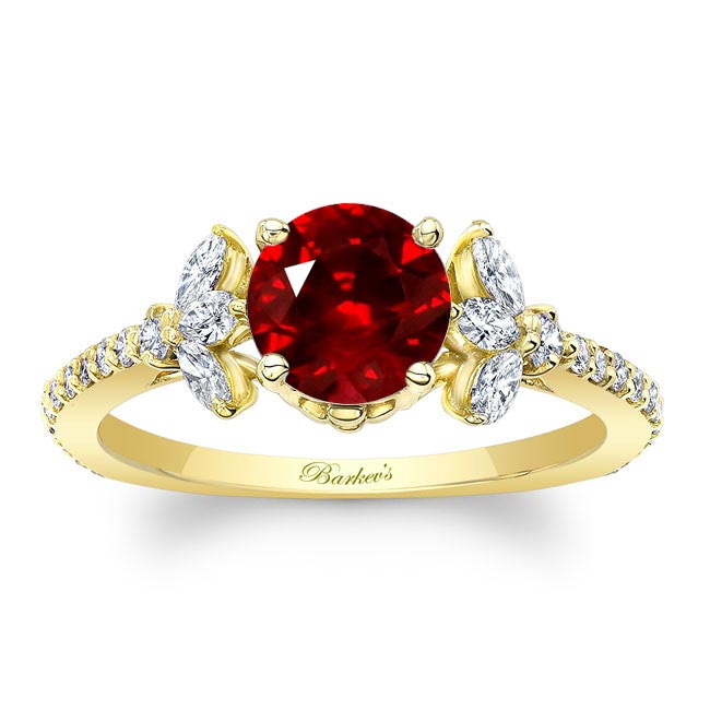 Yellow Gold Lab Ruby And Diamond Leaf Engagement Ring
