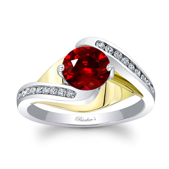 White Yellow Gold Split Shank Cathedral Lab Ruby And Diamond Engagement Ring