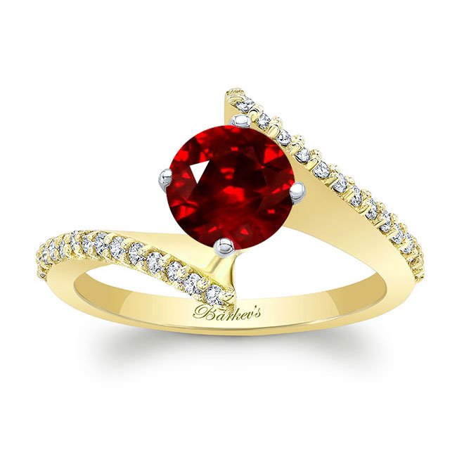 Yellow Gold Modern Bypass Lab Ruby And Diamond Engagement Ring