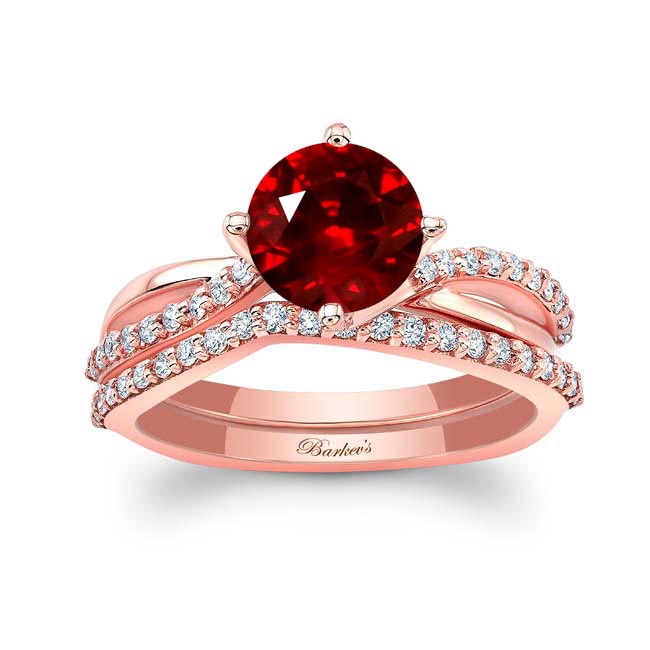 Rose Gold Twisted Ruby And Diamond Bridal Set