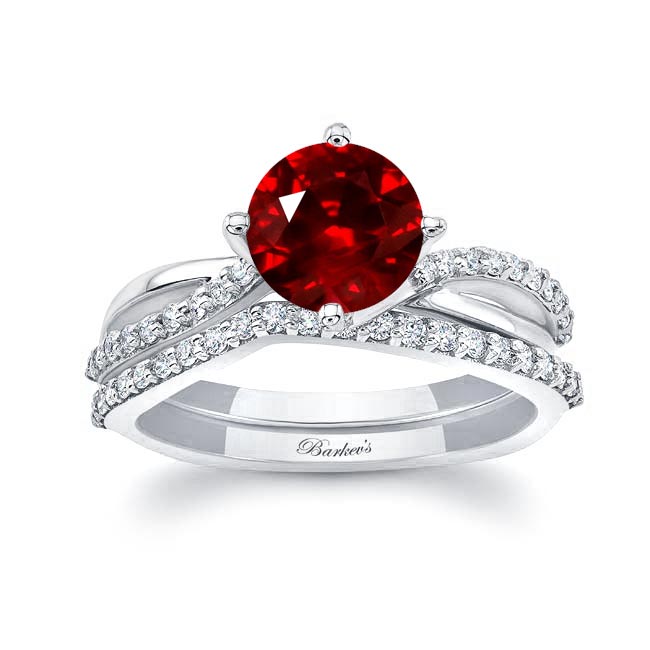 White Gold Twisted Lab Grown Ruby And Diamond Bridal Set