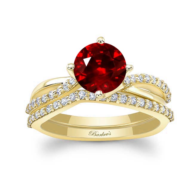 Yellow Gold Twisted Lab Grown Ruby And Diamond Bridal Set