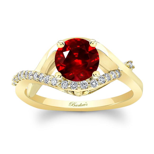 Yellow Gold Criss Cross Lab Grown Ruby And Diamond Engagement Ring