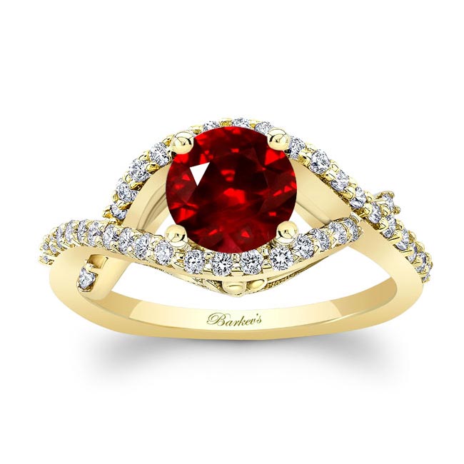 Yellow Gold Criss Cross Ruby And Diamond Ring