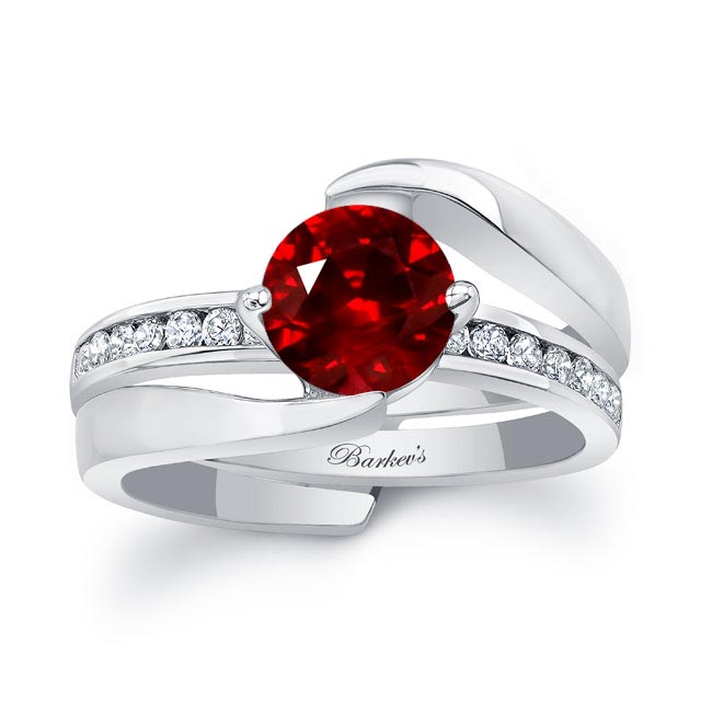 White Gold Interlocking Lab Grown Ruby And Diamond Wedding Ring Set