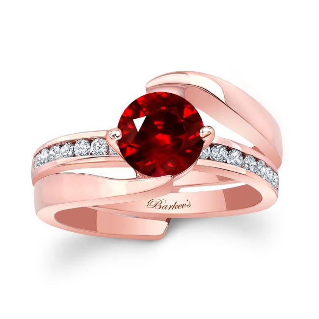 Rose Gold Interlocking Lab Grown Ruby And Diamond Wedding Ring Set
