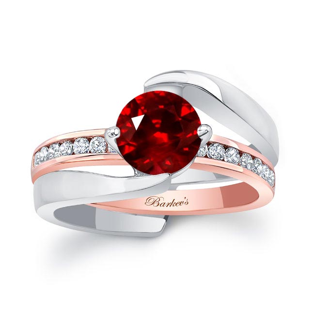 White Rose Gold Interlocking Ruby And Diamond Wedding Ring Set