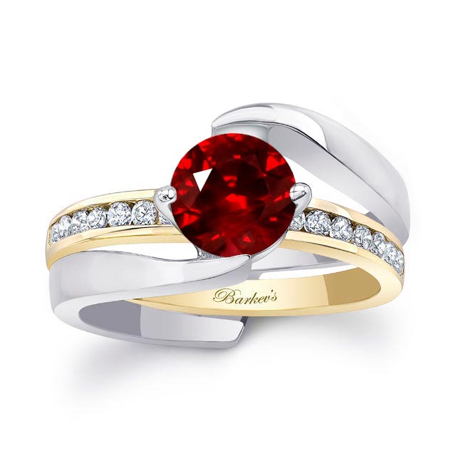 White Yellow Gold Interlocking Lab Grown Ruby And Diamond Wedding Ring Set