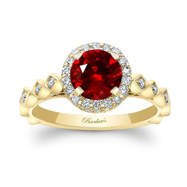 Yellow Gold Vintage Halo Lab Grown Ruby And Diamond Ring