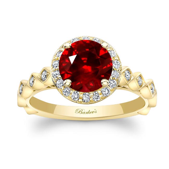 Yellow Gold Vintage Halo Lab Grown Ruby And Diamond Engagement Ring