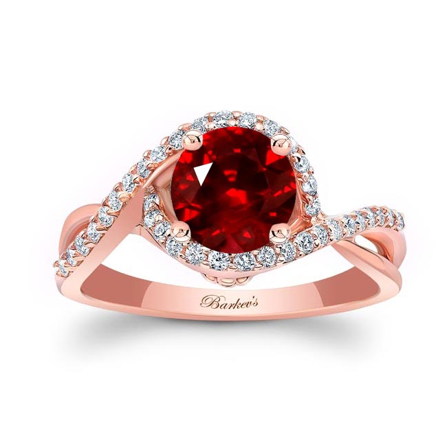 Rose Gold Twisted Halo Ruby And Diamond Engagement Ring