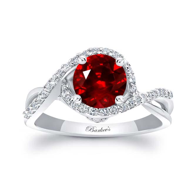 White Gold Twisted Halo Ruby And Diamond Engagement Ring