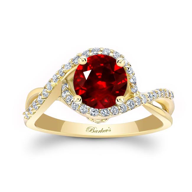 Yellow Gold Twisted Halo Ruby And Diamond Engagement Ring