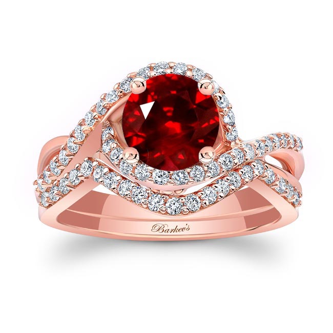 Rose Gold Twisted Halo Lab Grown Ruby And Diamond Wedding Set