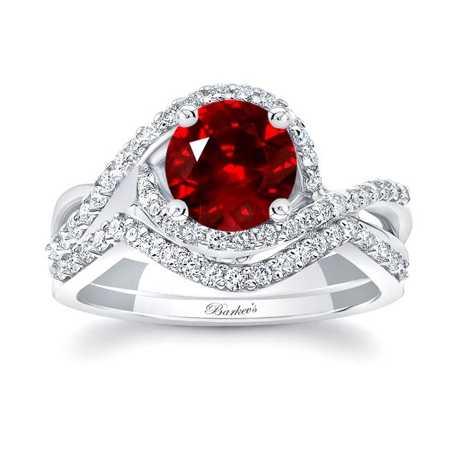 White Gold Twisted Halo Lab Grown Ruby And Diamond Wedding Set