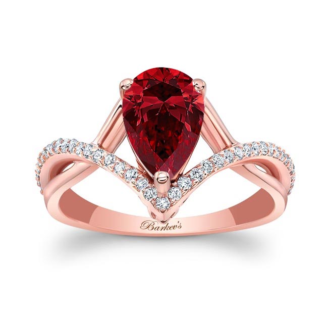 Rose Gold Unique Pear Shaped Lab Ruby And Diamond Ring