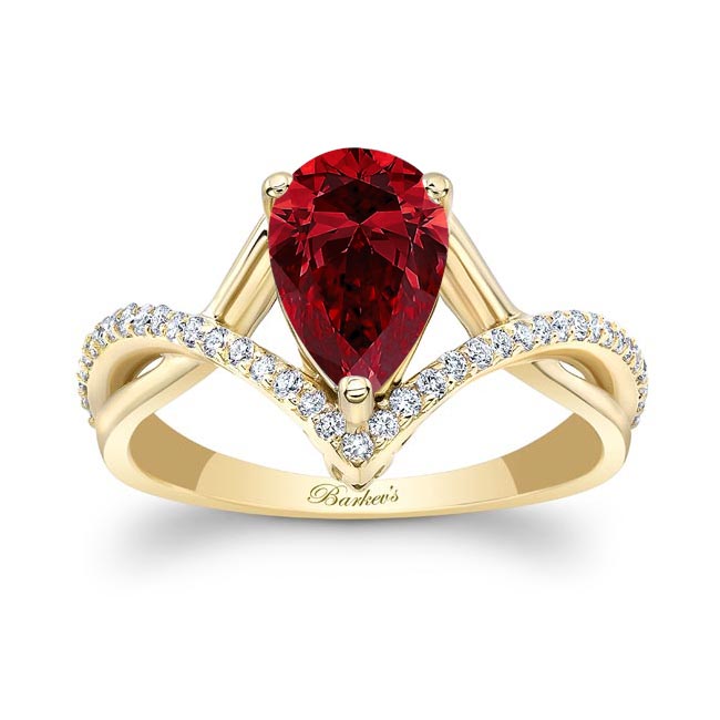 Yellow Gold Unique Pear Shaped Lab Ruby And Diamond Ring