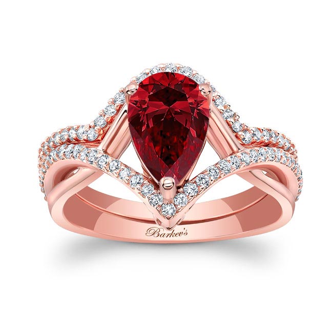 Rose Gold Unique Pear Shaped Lab Ruby And Diamond Wedding Set