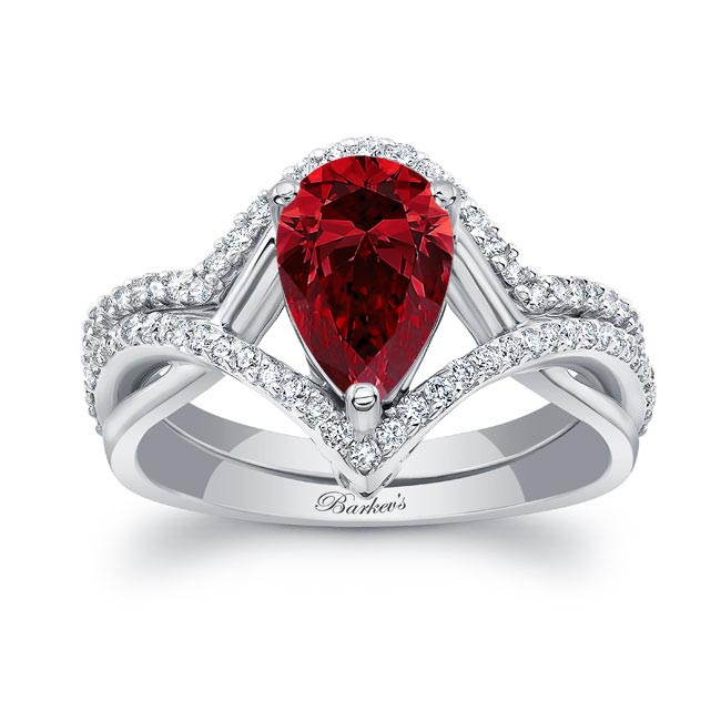 White Gold Unique Pear Shaped Lab Ruby And Diamond Wedding Set