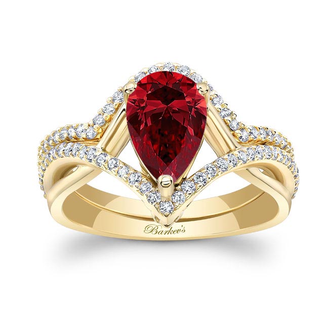 Yellow Gold Unique Pear Shaped Lab Ruby And Diamond Wedding Set
