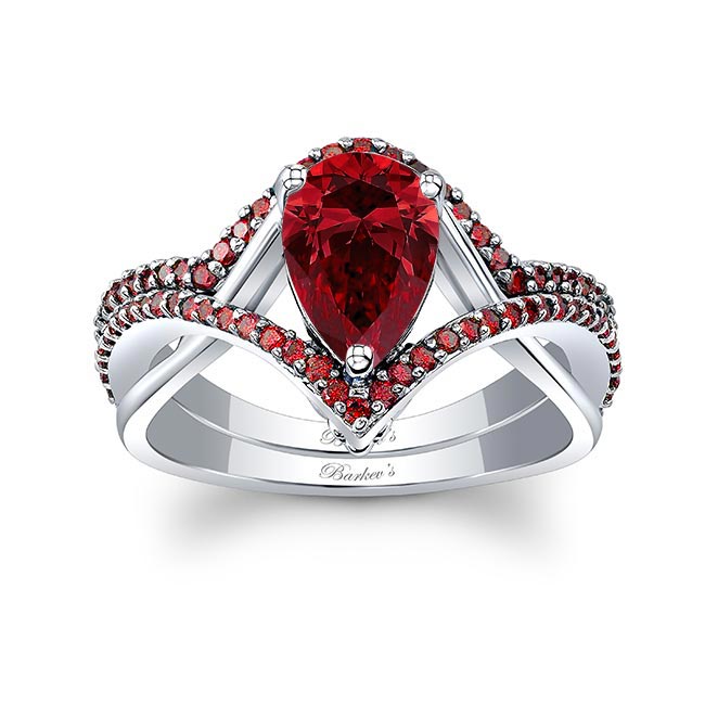 White Gold Unique Pear Shaped Ruby Wedding Set