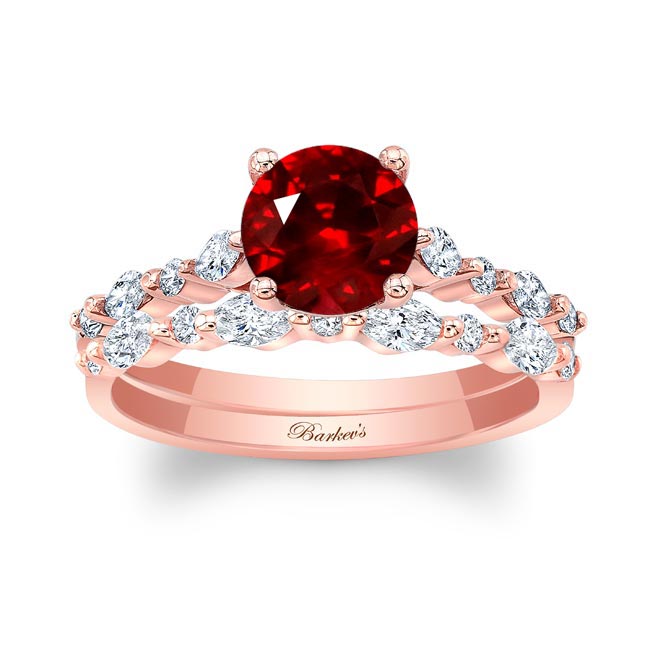 Rose Gold Vintage Style Lab Ruby And Diamond Wedding Ring Set