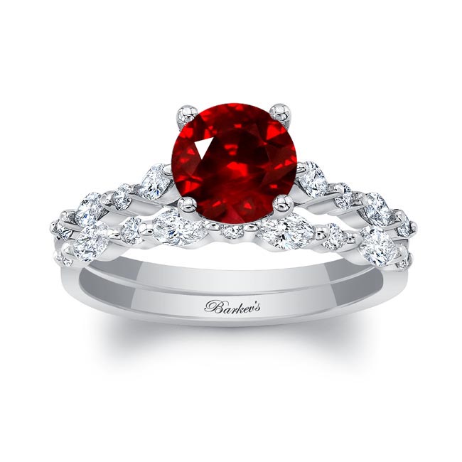 Vintage Style Lab Ruby And Diamond Wedding Ring Set