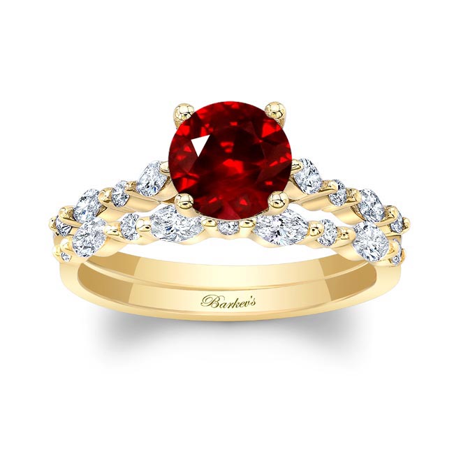 Yellow Gold Vintage Style Lab Ruby And Diamond Wedding Ring Set