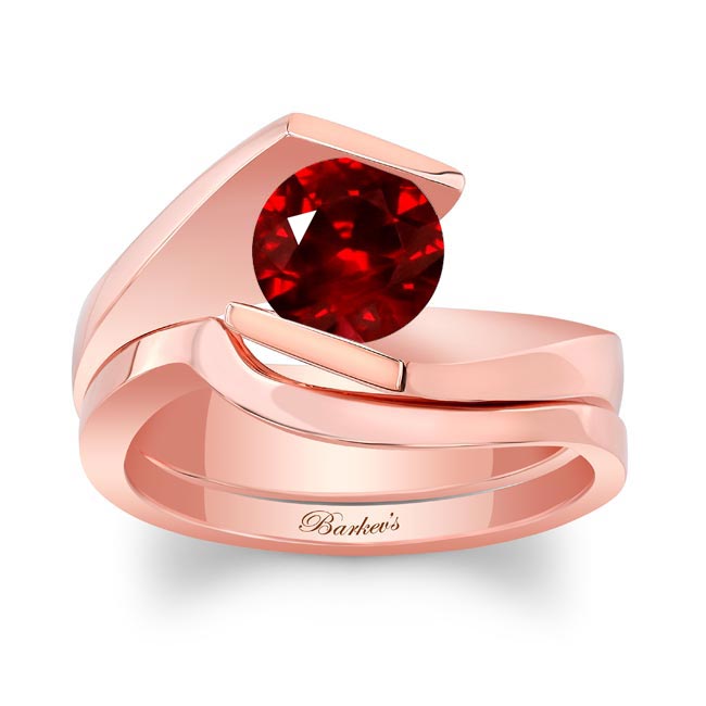 Rose Gold Tension Solitaire Lab Grown Ruby Bridal Set