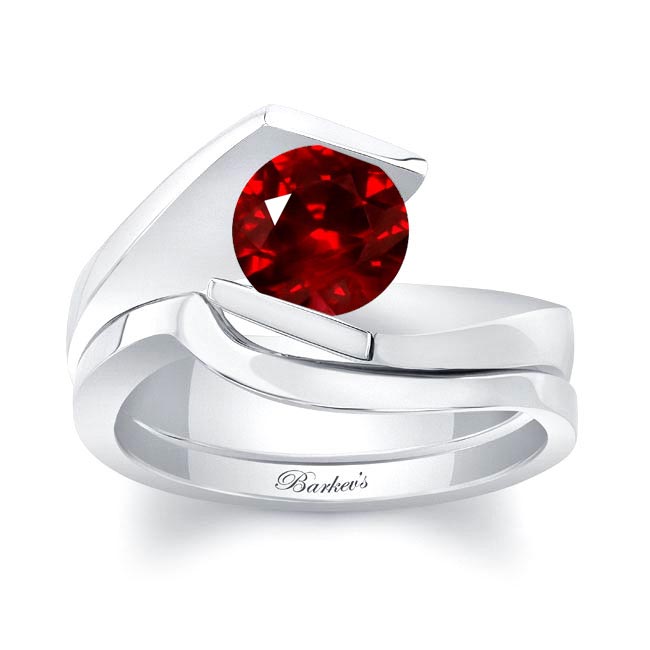 Tension Solitaire Lab Grown Ruby Bridal Set