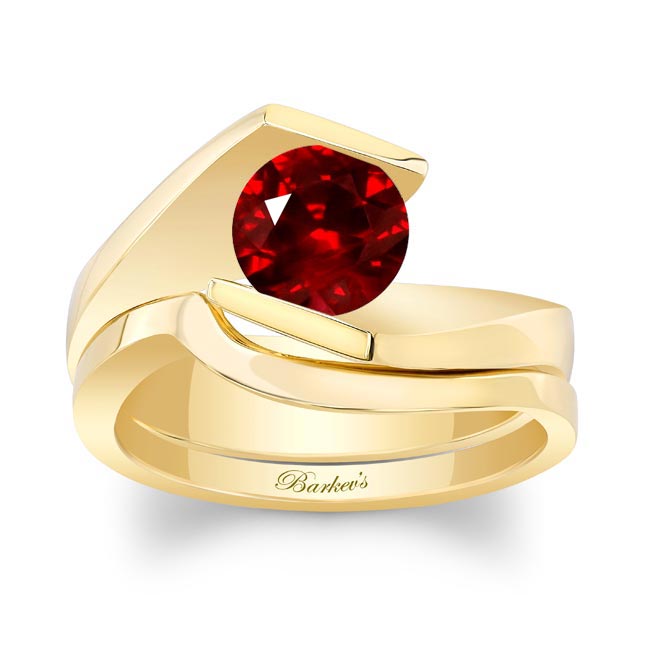 Yellow Gold Tension Solitaire Lab Grown Ruby Bridal Set