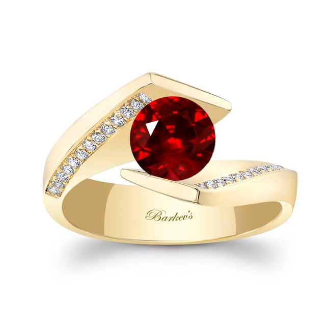 Yellow Gold Tension Setting Lab Grown Ruby And Diamond Ring