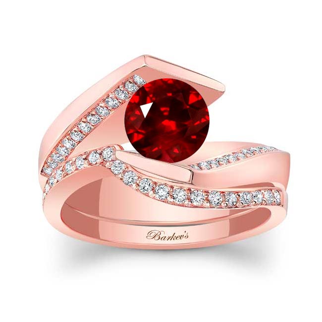 Rose Gold Tension Setting Lab Grown Ruby And Diamond Bridal Set