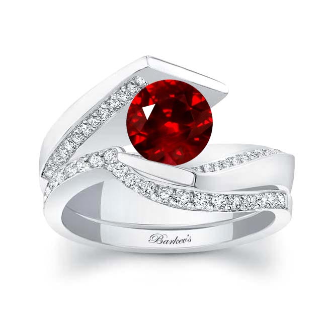 Platinum Tension Setting Lab Grown Ruby And Diamond Bridal Set