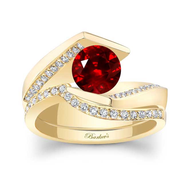 Yellow Gold Tension Setting Lab Grown Ruby And Diamond Bridal Set