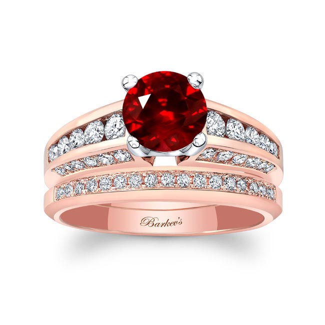 Rose Gold Lab Ruby And Diamond Channel Set Wedding Ring Set