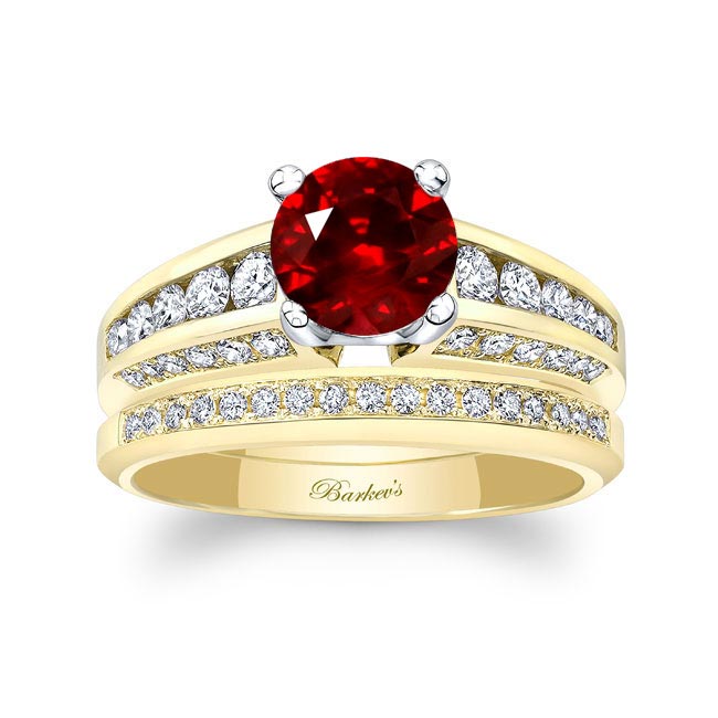 Yellow Gold Ruby And Diamond Channel Set Wedding Ring Set